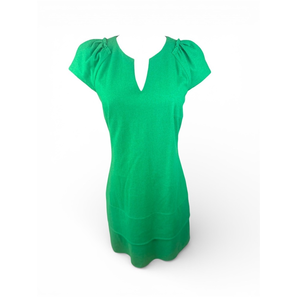 Laurèl Green Sheath Dress Size 38 Emerald‎ Notched Neck Puff Sleeve Excellent